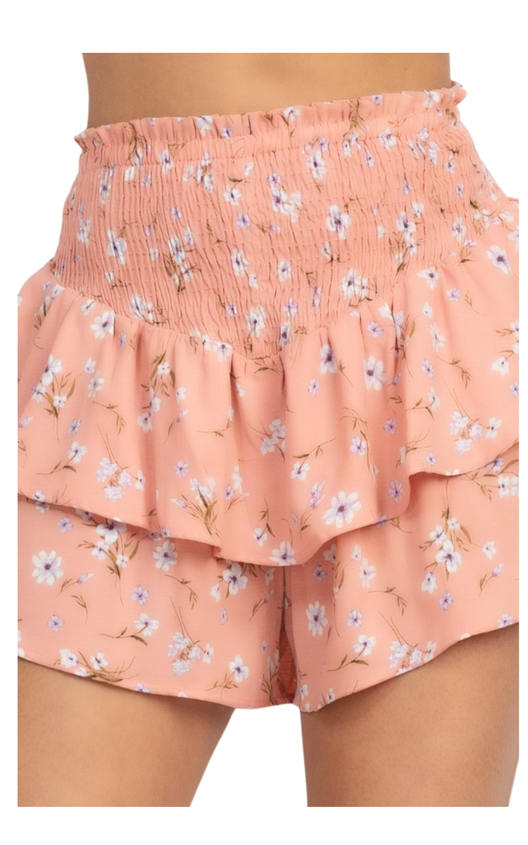 Floral Lace-Up Shirred Top & Ruffled Shorts Set