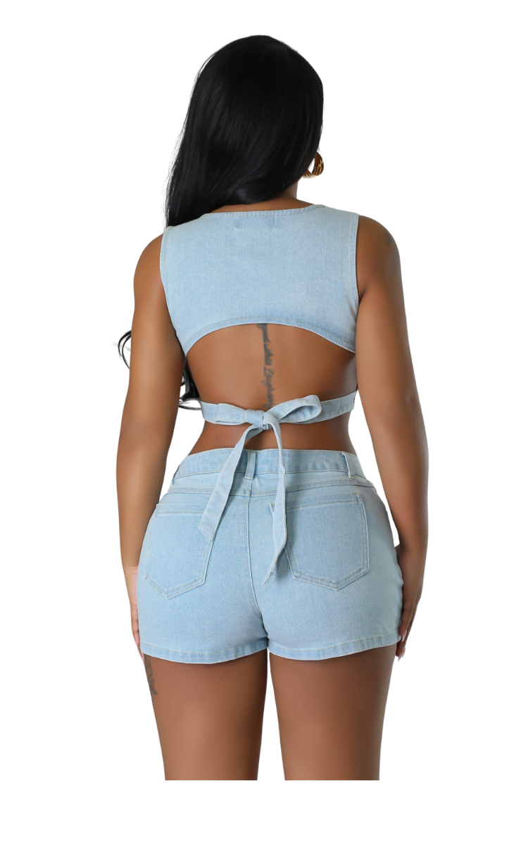 Denim Crop Top and Shorts Set