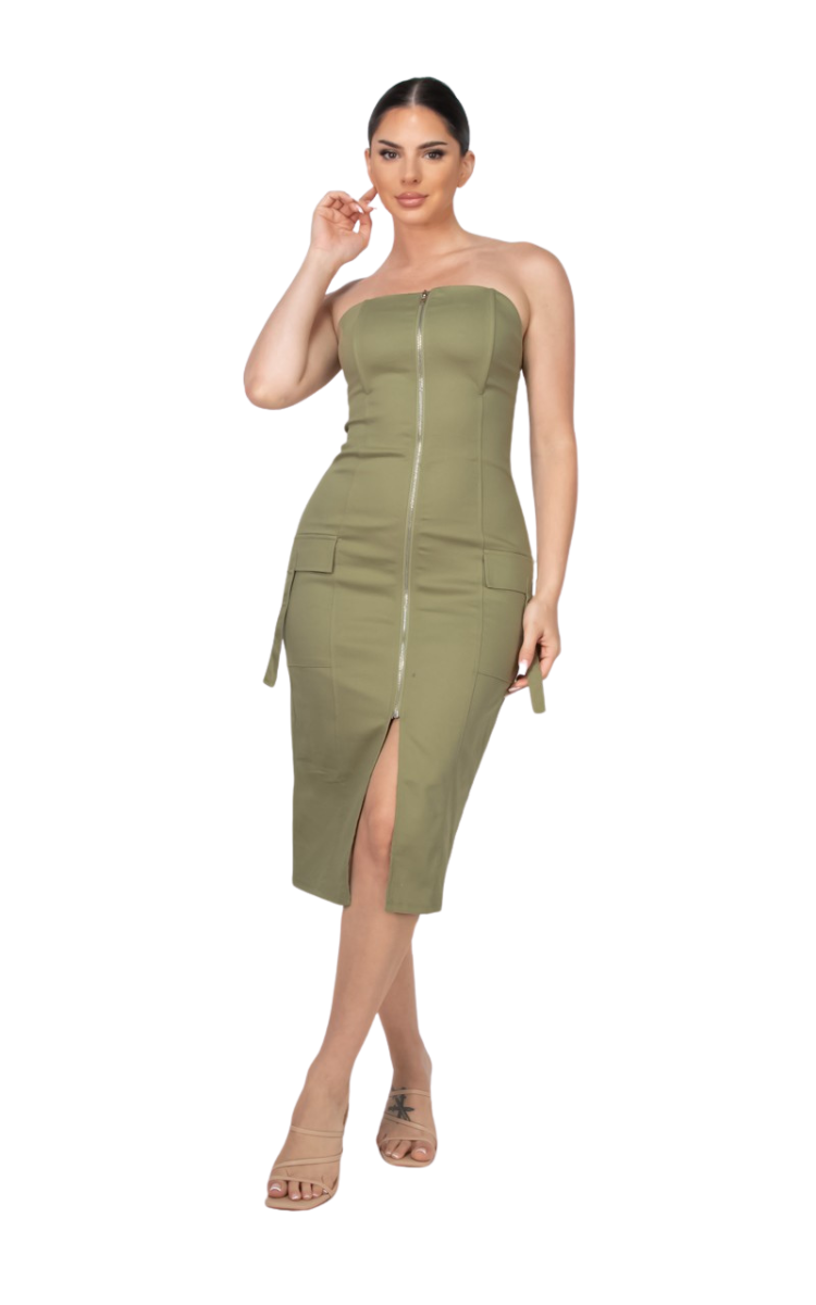 Zippered Tube Cargo Slit Midi Dress