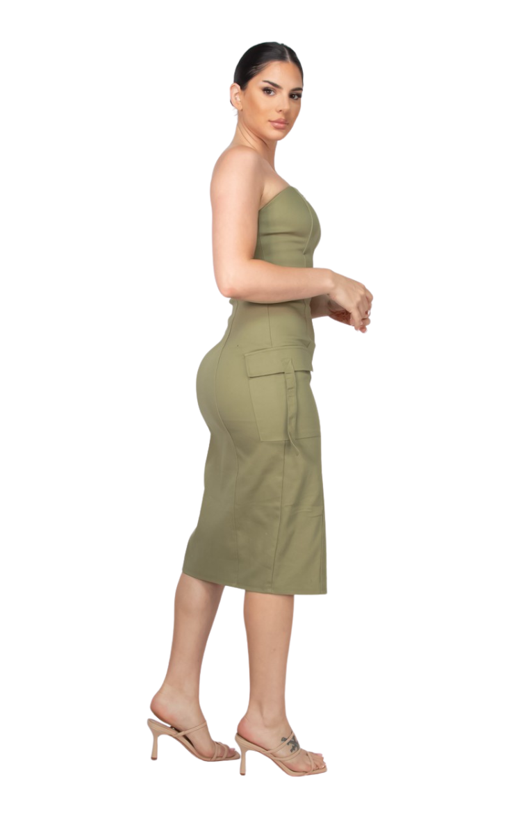 Zippered Tube Cargo Slit Midi Dress