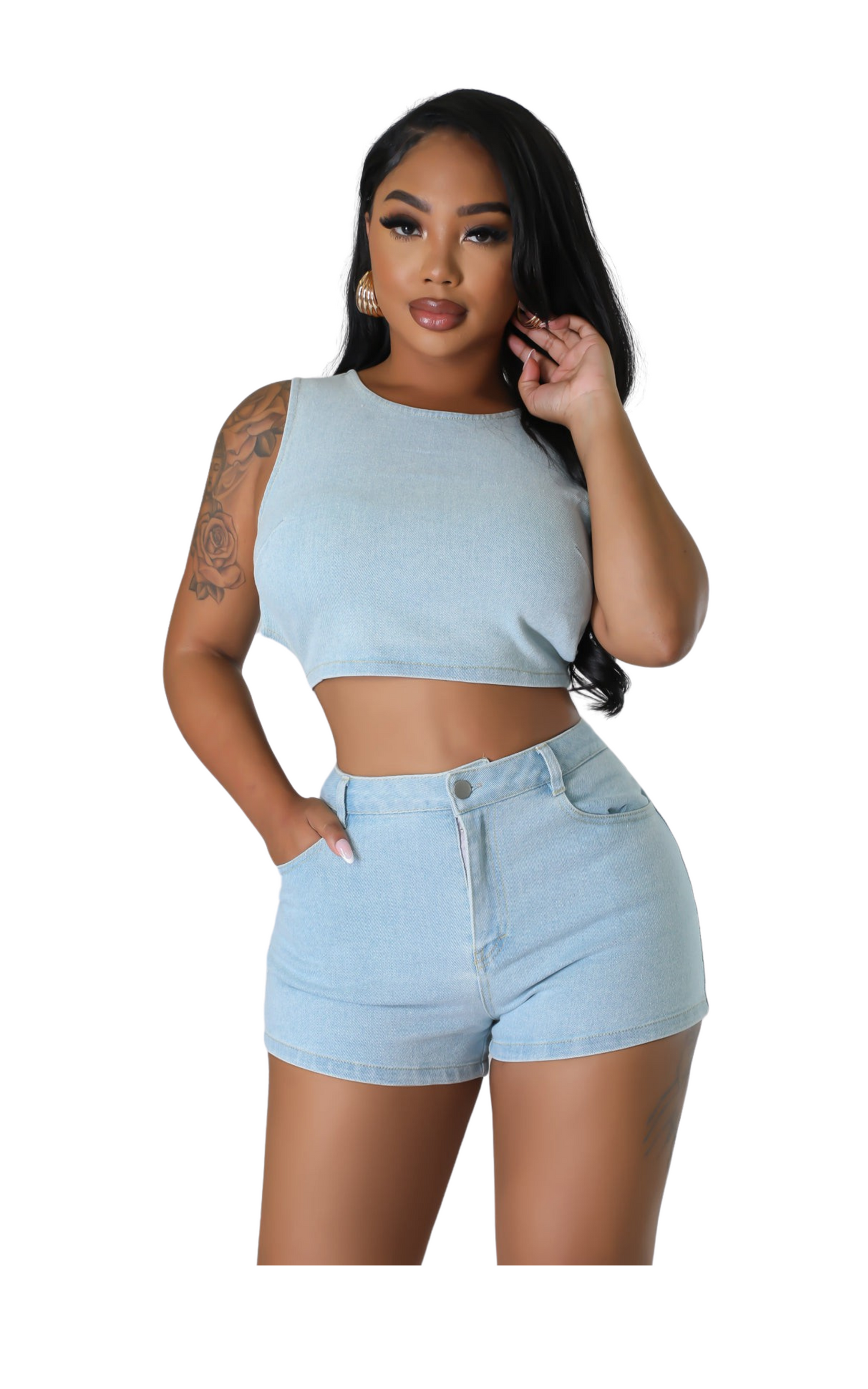 Denim Crop Top and Shorts Set