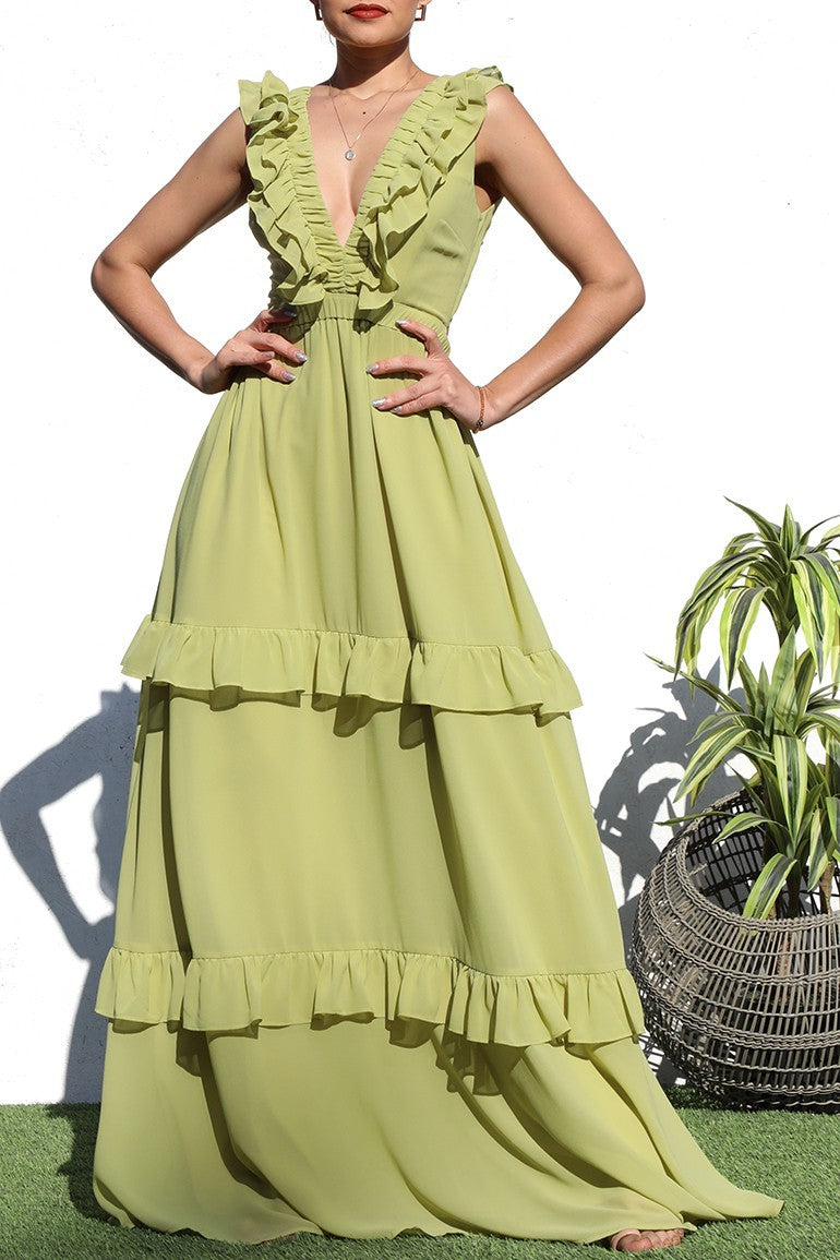 V Neck Tiered Maxi Dress